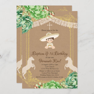 Convite Kraft Cactus Fiesta Baptism e Primeiro Aniversário