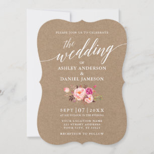 Convite Kraft De Casamento Floral Cor-De-Rosa