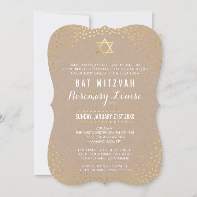Convite kraft de mini-ouro-confete glamouroso BAT MITZVAH (Frente)