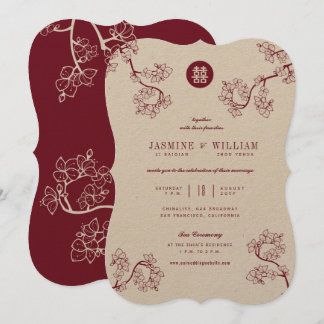 Convite Kraft E Red Plum Blossoms Moderno Casamento Asiáti