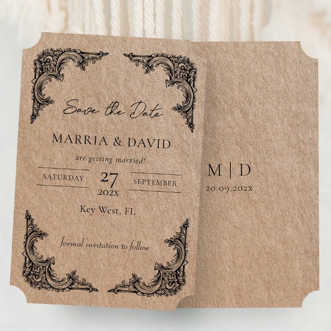 Convite Kraft Floral Barroco Quadro Data de Guarda Inicial (Kraft Floral Baroque Frame Save the Date Initials Invitation)