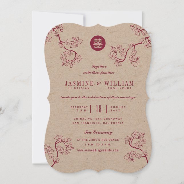 Convite Kraft & Flores de Ameixa Vermelhas 囍 Casamento Mod (Frente)