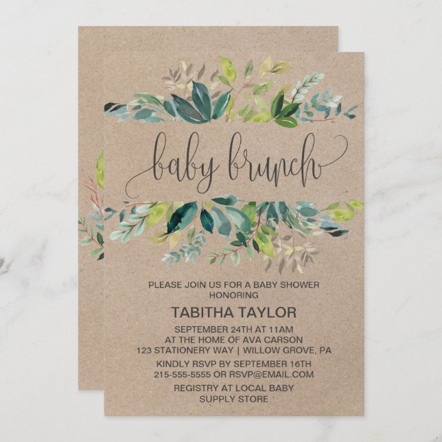 Convite Kraft Foliage Baby Brunch (Frente/Verso)