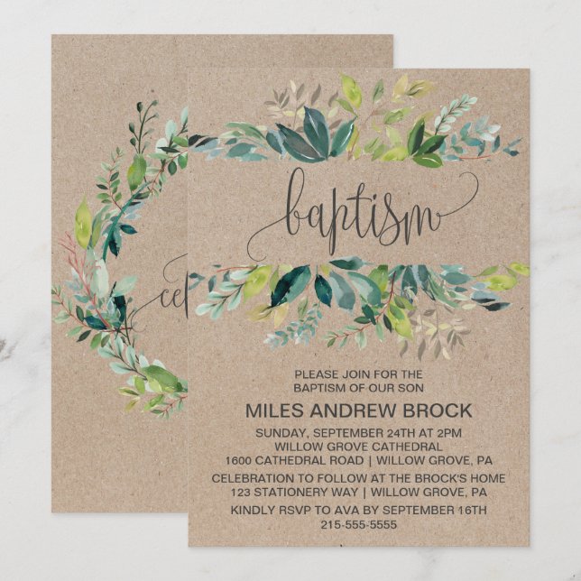 Convite Kraft Foliage Baptism (Frente/Verso)