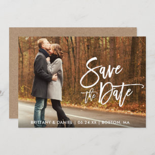 Convite Kraft Modern Brush Script Photo Save The Date Card