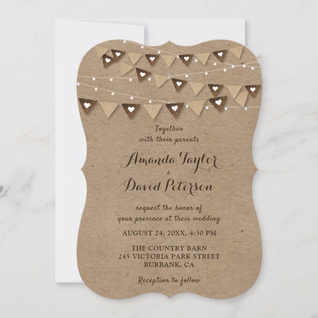 Convite Kraft Paper Burlap Bunting String Lights Casamento (Frente)