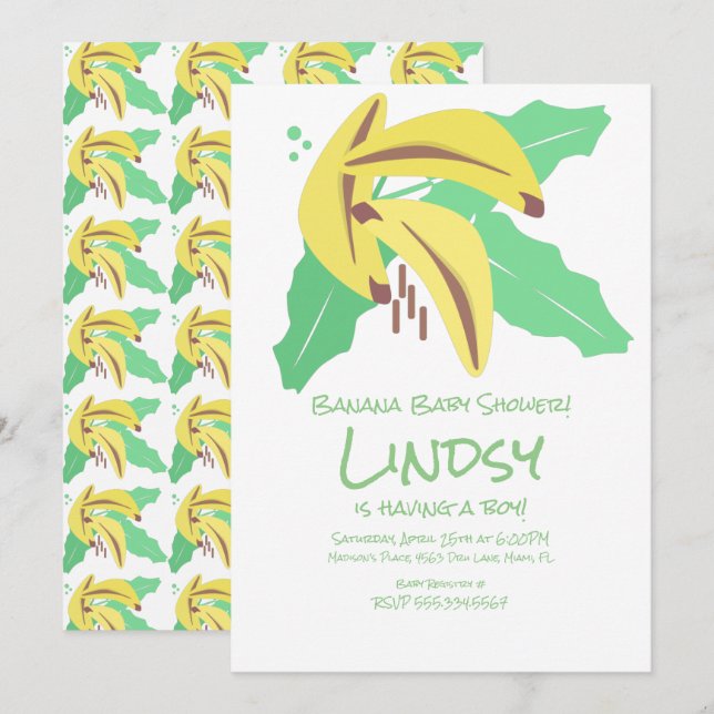 Convite Kraft para Chá de Bebê Retro Banana Amarel (Frente/Verso)