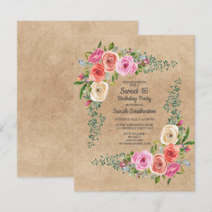 Convite Kraft Rosa Marfim Aquarela Floral Doce 16