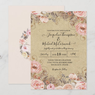 Convite Kraft Sem Muda, Blush Cor-de-Água Rosa, Rosa Flora