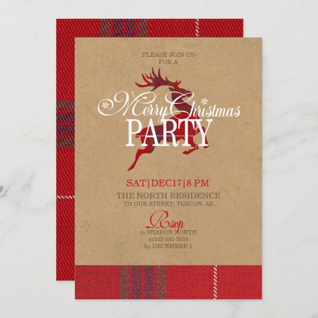 Convite Kraft & Tartan Reindeer do Partido de Natal ID589 (Frente/Verso)