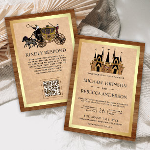 Convite Kraft Wood Conto de Fadas Castelo Código QR Casame