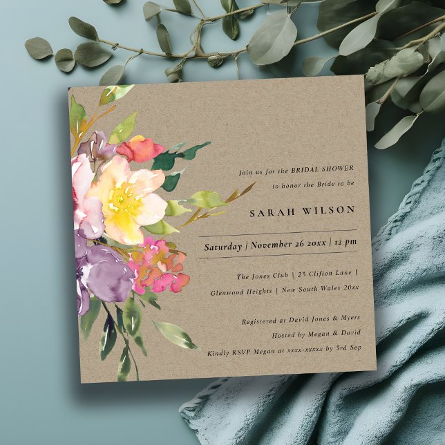 CONVITE KRAFT YELLOW BLUSH BURGUNDY FLORAL BRIDAL SHOWER (Criador carregado)