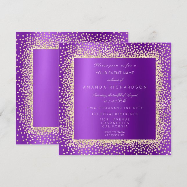 Convite Krystal Champaigne Dourado Glitter Confete Violeta (Frente/Verso)