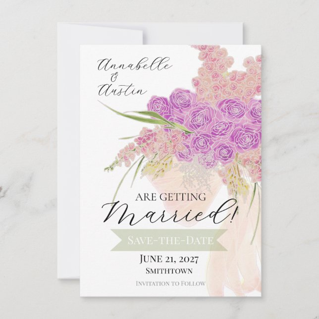 Convite La Boca Rosa Bouquet Save-The-Date com laço transp (Frente)