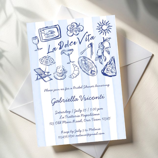 Convite La dolce vita blue stripes Italian bridal shower (La dolce vita blue stripes Italian bridal shower Invitation cards template blue stripes hand drawn)
