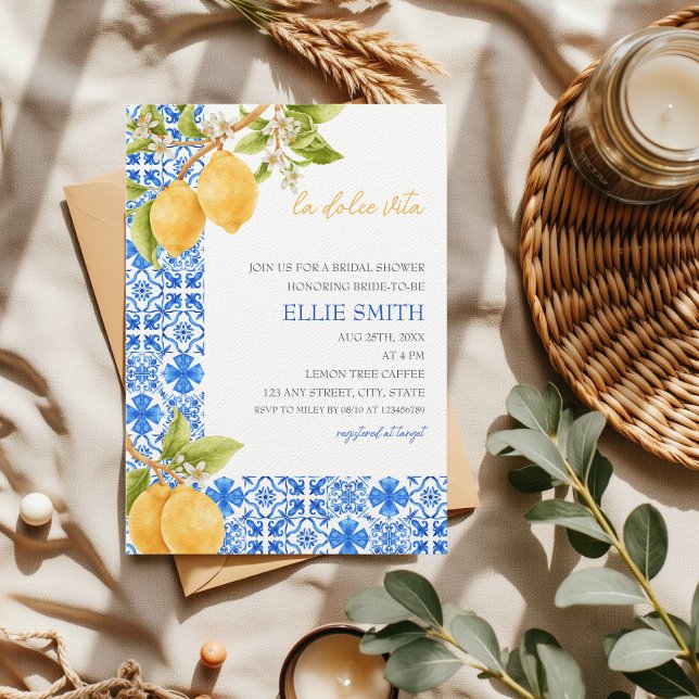 Convite La Dolce Vita | Chá de panela de limão do Mediterr (La dolce Vita Bridal Shower Mediterranean Tiles Lemons Blue White and Yellow)