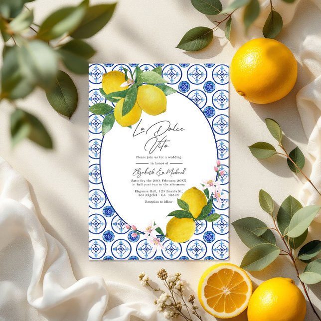 Convite La Dolce Vita Italiana Lemon Azulejos Casamento Có (La Dolce Vita Italian Lemon Tiles Wedding QR Code Invitation)