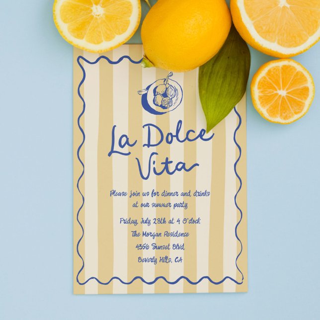 Convite La Dolce Vita Lemons - Festa italiana de Verão (La Dolce Vita party invitation template with yellow stripes and hand drawn doodles)