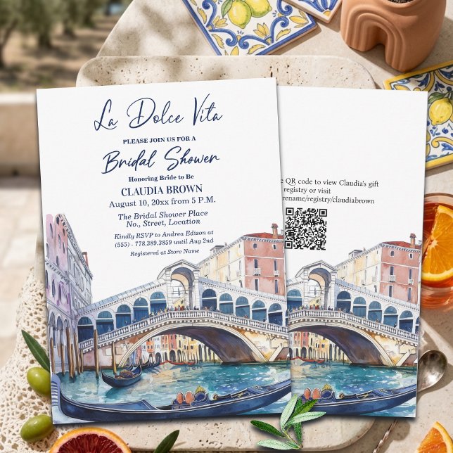 Convite La Dolce Vita Watercolor Venice QR Code Bridal (Criador carregado)