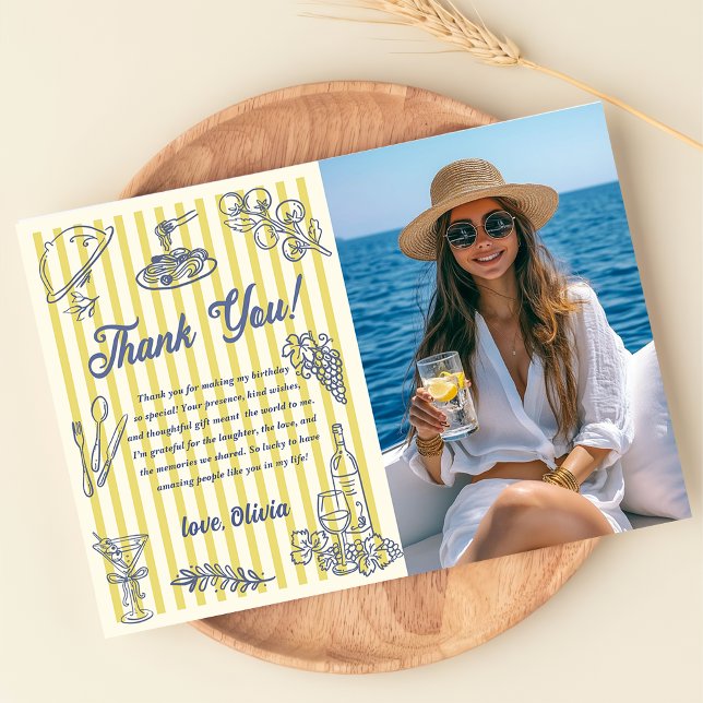 Convite La Dolce Vita Yellow Stripes Thank You Card Photo  (Criador carregado)