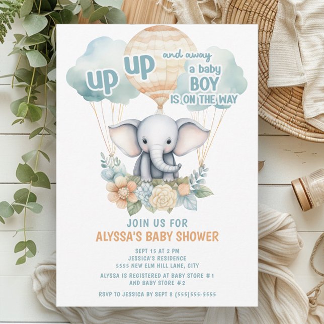 Convite Lá Em Cima Elefante Balão de Ar Quente Blue Boy (Up, up, and away. A baby boy is on his way. Elephant and hot air balloons baby shower invitation)