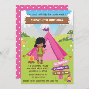 Convite Lá fora acampando a garota afro-americana de anive