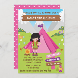 Convite Lá fora Acampando Festa de aniversário Black Hair