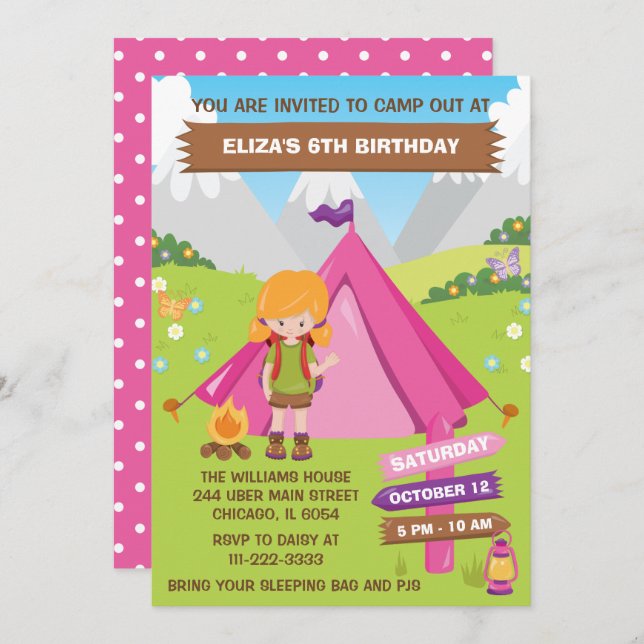 Convite Lá fora Acampando Festa de aniversário Red Hair Gi (Frente/Verso)