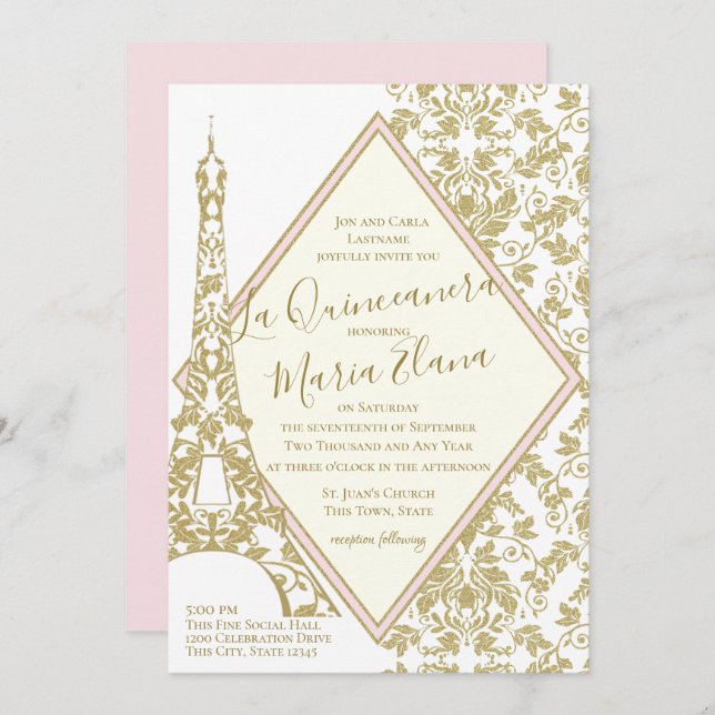 Convite La Quinceanera Blush e Dourada Torre Damask Eiffel (Frente/Verso)