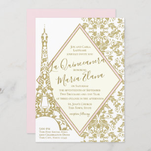 Convite La Quinceanera Blush e Dourada Torre Damask Eiffel