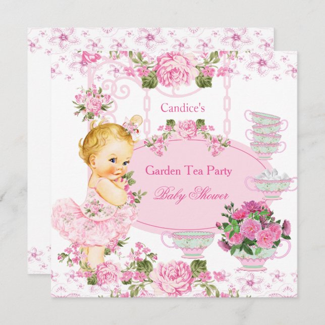 Convite Lã rosa-rosa-rendas do chá de fraldas Jardim Tea P (Frente/Verso)