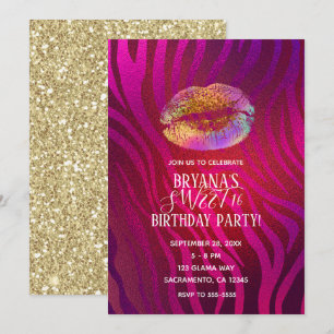 Convite Lábios de Purpurina Dourada Arco-íris Zebra Rosa Q