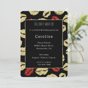 Convite Lábios Dourados de Preto Vermelho 50º aniversário