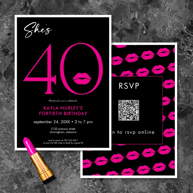 Convite Lábios Mínimos Modernos Rosa Ela é quarenta e quar (Modern Minimal Pink Lips She's Forty Birthday QR Invitation)