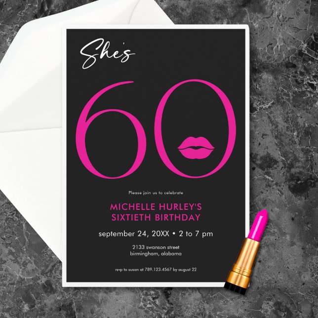 Convite Lábios Mínimos Modernos Rosa Ela faz Sessenta Aniv (Modern Minimal Pink Lips She's Sixty Birthday Invitation)