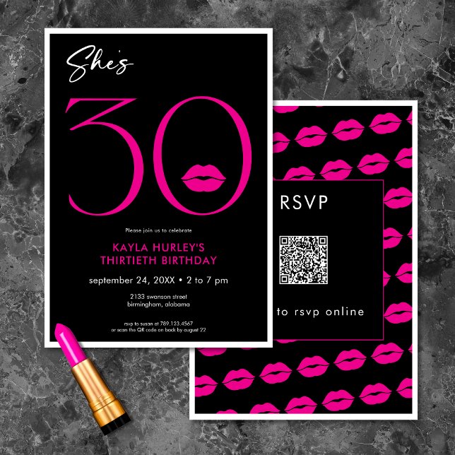 Convite Lábios Mínimos Modernos Rosa Ela tem 30 anos de QR (Modern Minimal Pink Lips She's Thirty Birthday QR Invitation)