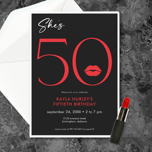 Convite Lábios Vermelhos Mínimos Modernos Ela é 50 Anivers (Modern Minimal Red Lips She's Fifty Birthday Invitation)