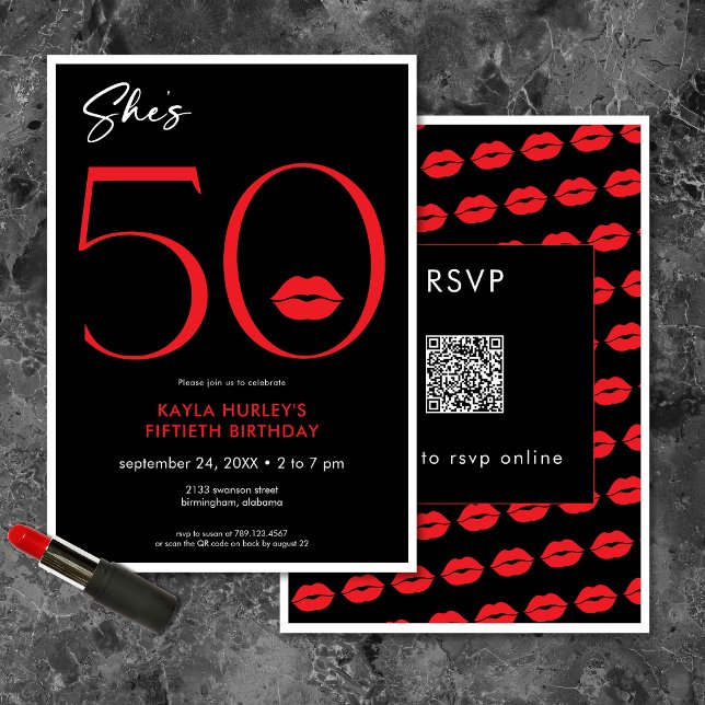 Convite Lábios Vermelhos Mínimos Modernos Ela é 50 Anivers (Modern Minimal Red Lips She's Fifty Birthday QR Invitation)
