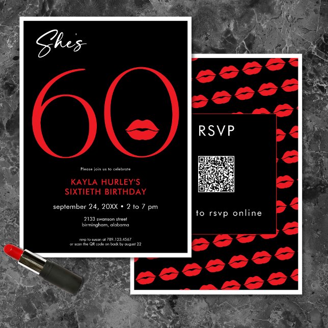 Convite Lábios Vermelhos Mínimos Modernos Ela é 60 Anivers (Modern Minimal Red Lips She's Sixty Birthday QR Invitation)