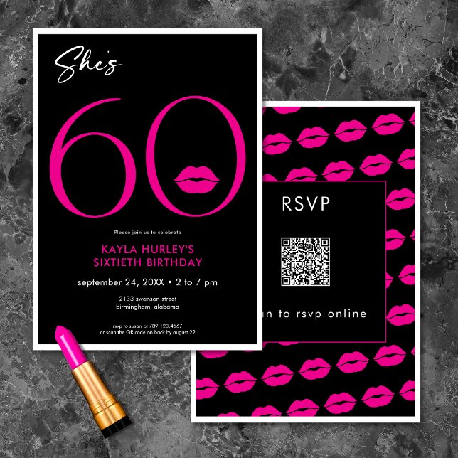 Convite Lábios Vermelhos Mínimos Modernos Ela é 60 Anivers (Modern Minimal Pink Lips She's Sixty Birthday QR Invitation)