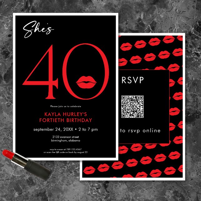 Convite Lábios Vermelhos Mínimos Modernos Ela é Quarenta A (Modern Minimal Red Lips She's Forty Birthday QR Invitation)