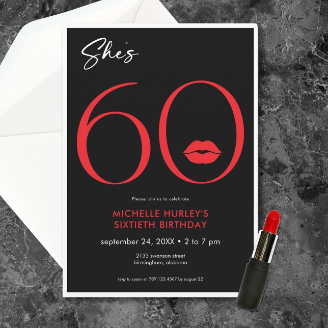 Convite Lábios Vermelhos Mínimos Modernos Ela é Sessenta A (Modern Minimal Red Lips She's Sixty Birthday Invitation)