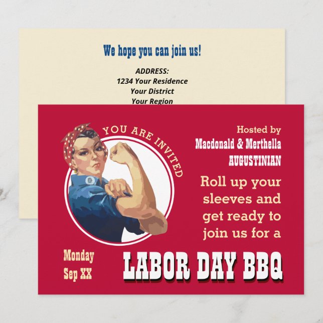 Convite LABOR DAY CHURRASCO Rosie Riveter (Frente/Verso)