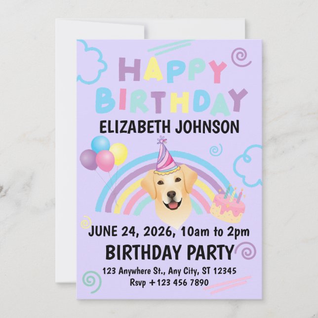Convite Labrador Retriever Birthday Invitation Purple (Frente)