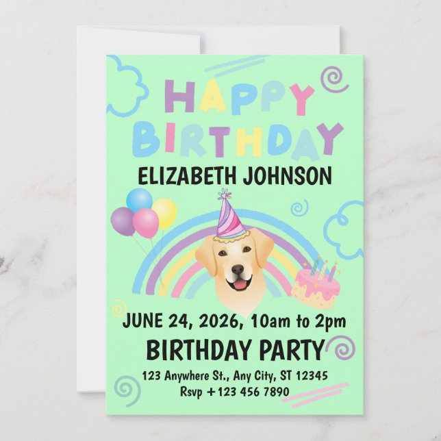 Convite Labrador Retriever Birthday Party Invitation Green (Frente)