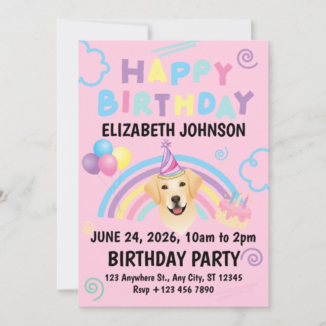 Convite Labrador Retriever Birthday Party Invitation Pink (Frente)