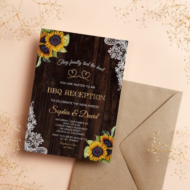 Convite Lace Antiga Corda Nós Amarrámos o Nó Girassóis Chu (we tied the knot wedding sunflowers lace wood rustic fall)