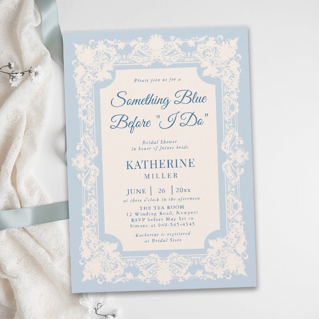Convite Lace Azul Algo Moderno Clássico Chá de Noiva (something blue bridal shower ideas modern classic invitation lace frame elegant brunch tea template)