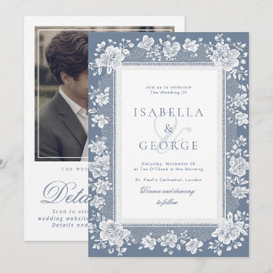 Convite Lace Azul Empoeirado Lace Old Money QR Foto Casame