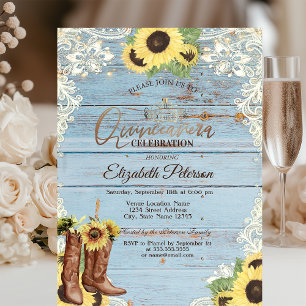 Convite Lace, Botas Girassóis Azul Madeira Quinceañera 